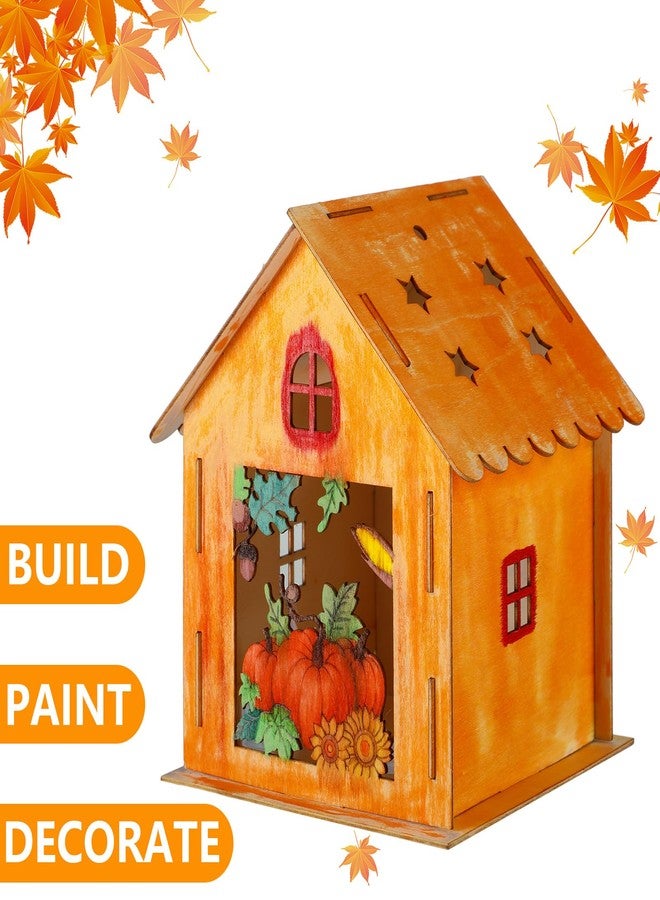 Soaoo 9 Sets Thanksgiving Wooden House with 12 Pcs Watercolor Pens Fall Wooden Houses for Crafts Kids' Wood Craft Kits for Thanksgiving Party Supplies DIY Paint Art - Image 3